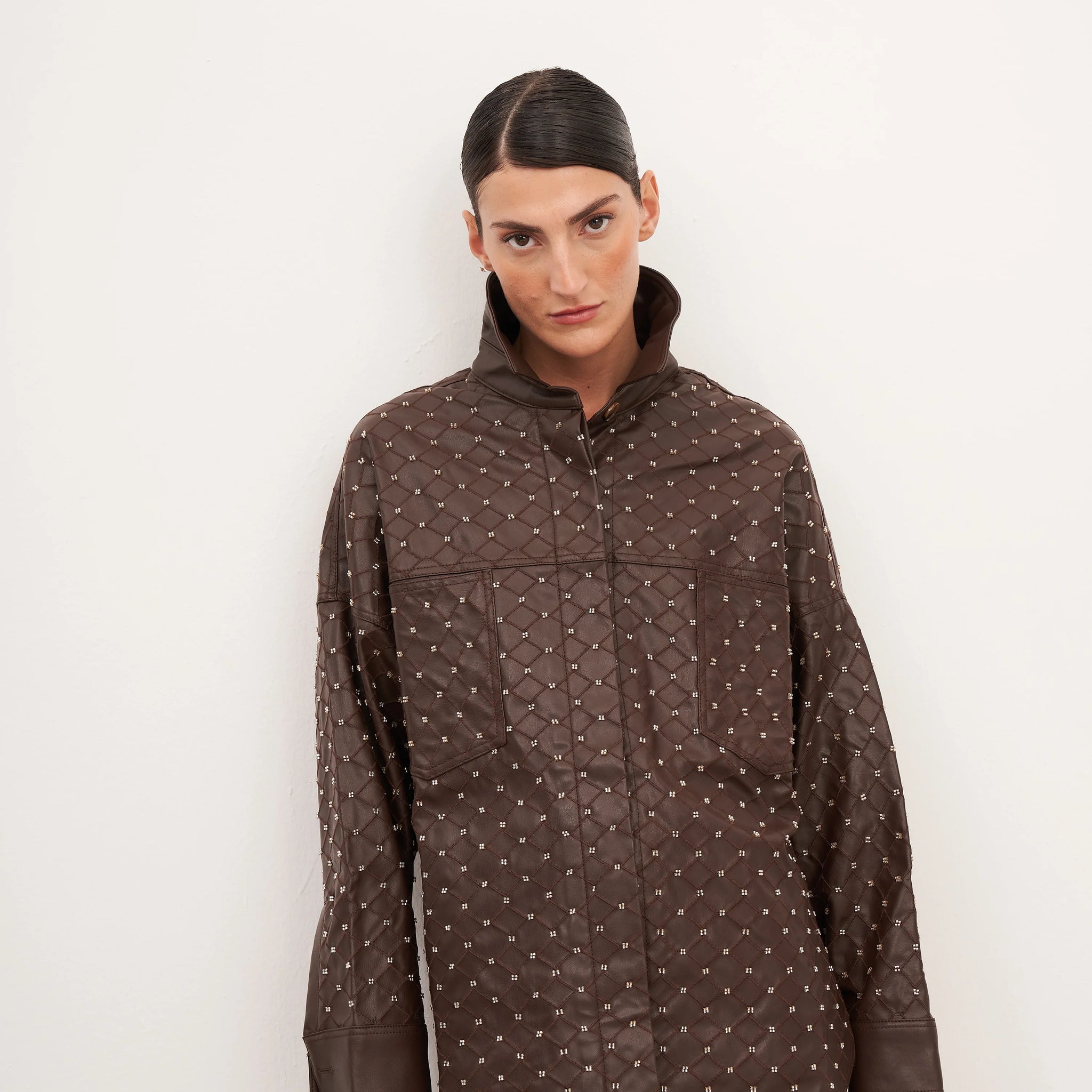 Acı Kahve Boncuk İşlemeli Oversize Gömlek Ceket