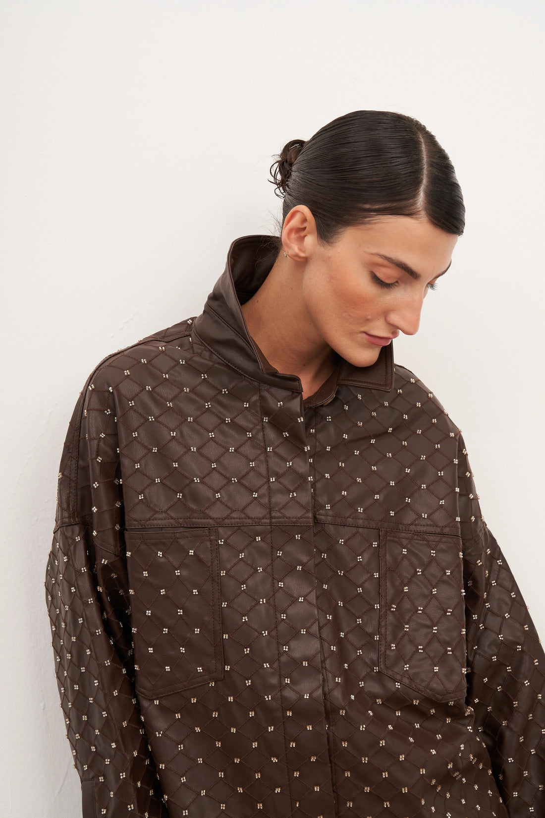 Acı Kahve Boncuk İşlemeli Oversize Gömlek Ceket