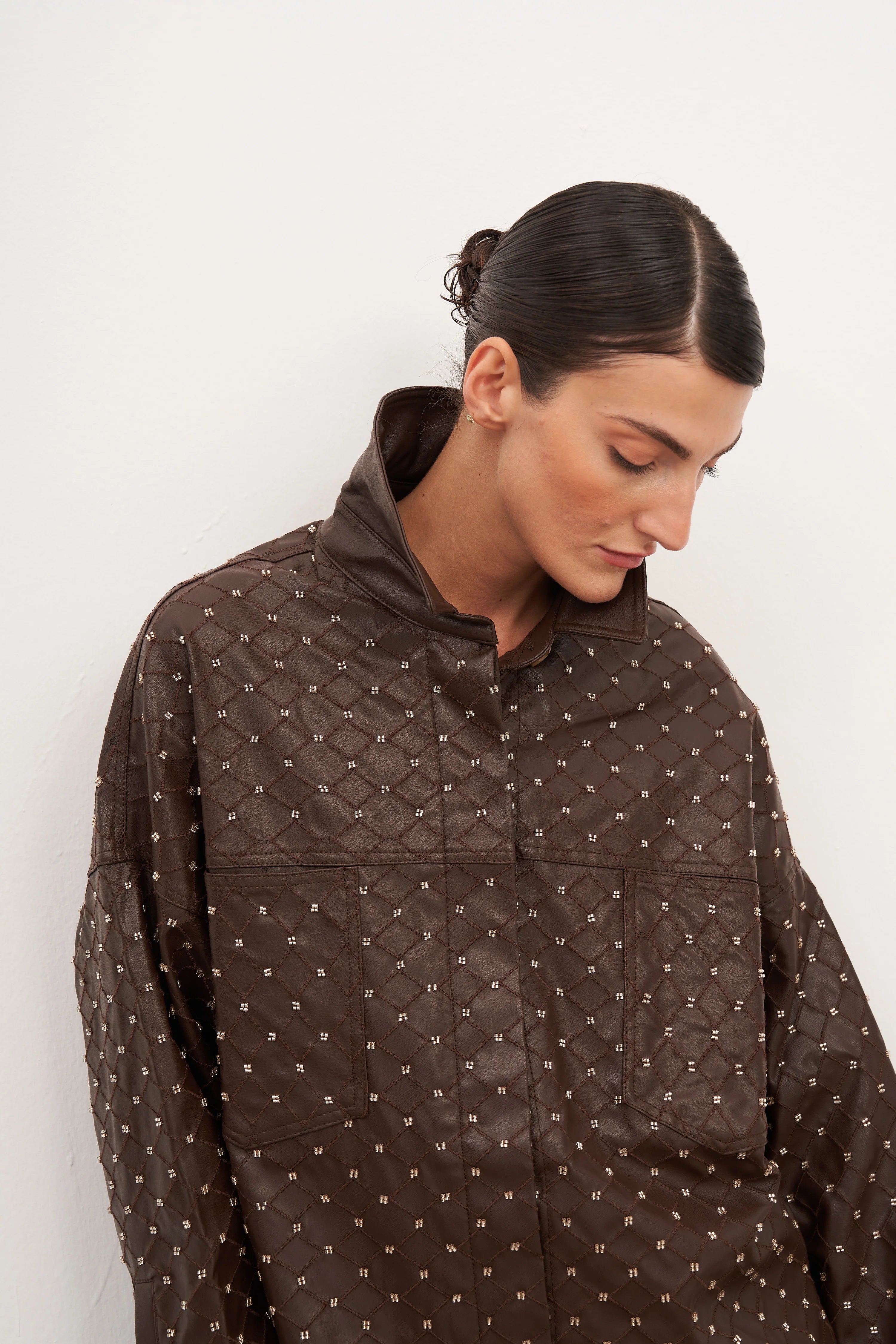 Acı Kahve Boncuk İşlemeli Oversize Gömlek Ceket