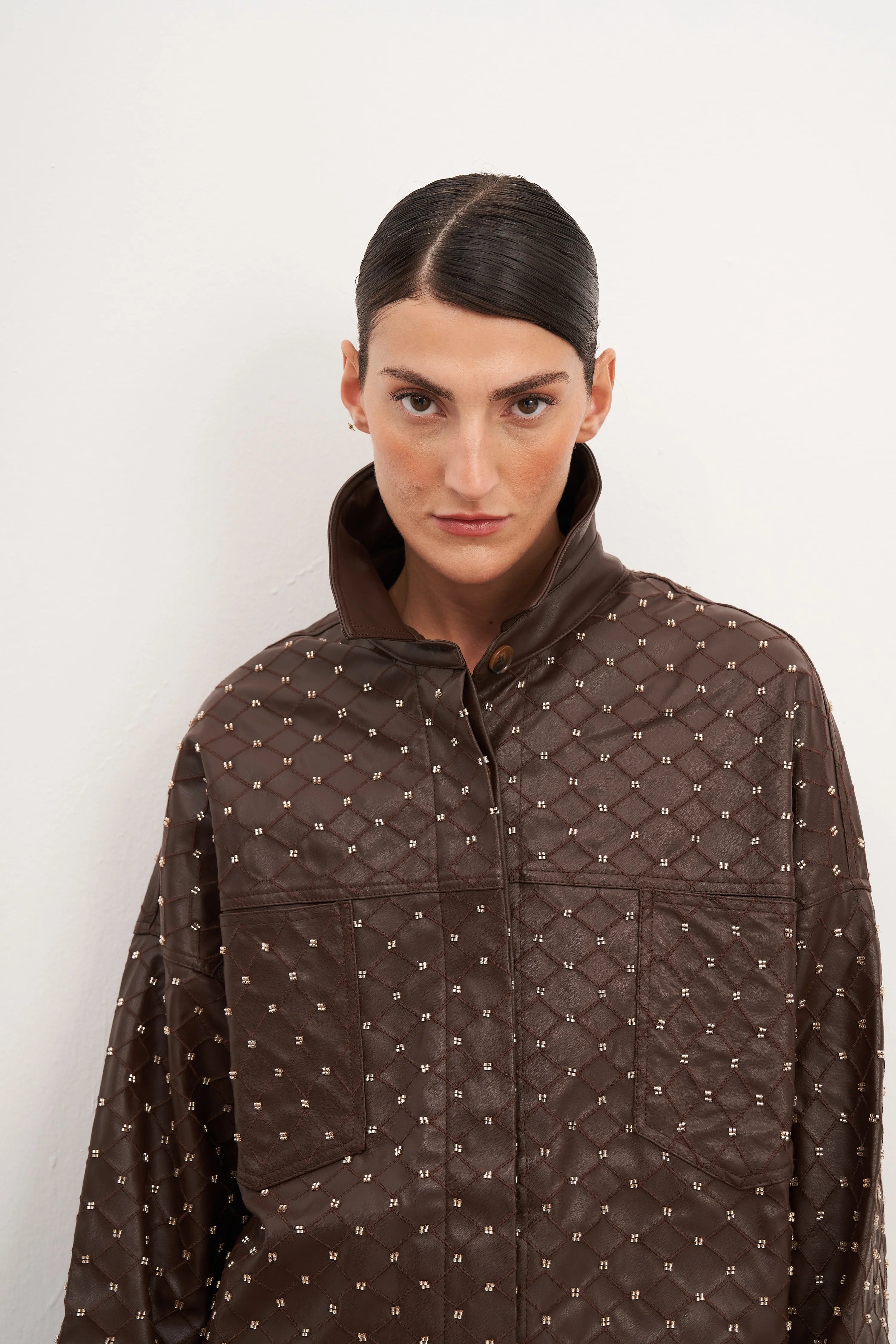 Acı Kahve Boncuk İşlemeli Oversize Gömlek Ceket