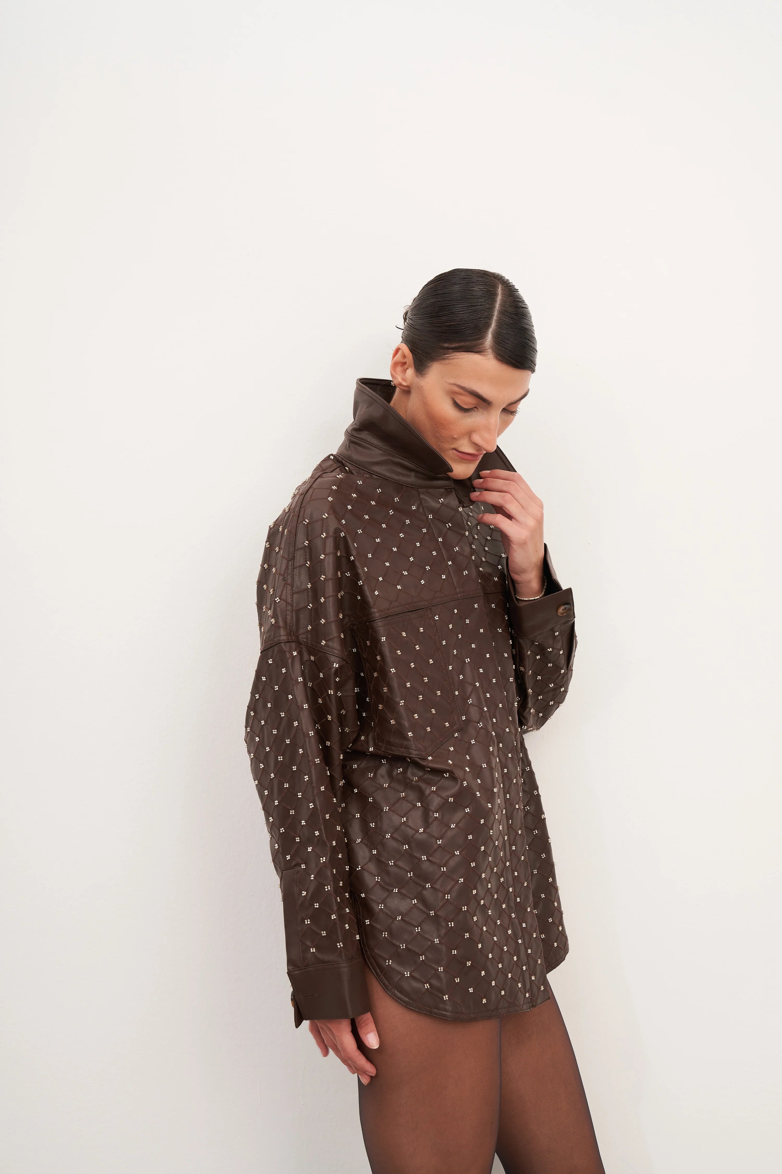 Acı Kahve Boncuk İşlemeli Oversize Gömlek Ceket