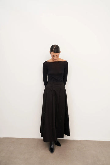 Siyah Taş İşlemeli Pileli Cep Detaylı Uzun Etek