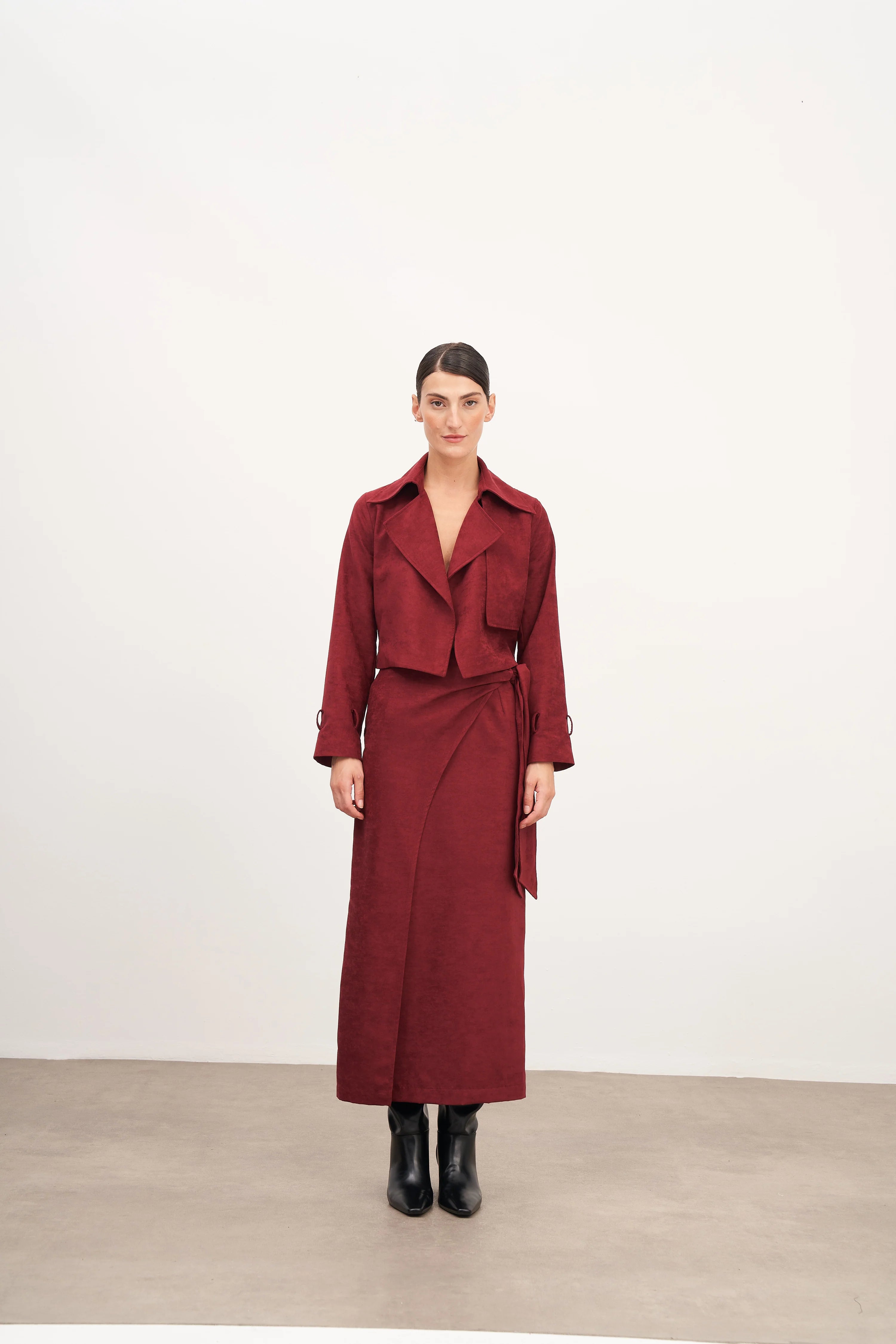 Bordo Süet Bağlama Detaylı Uzun Etek