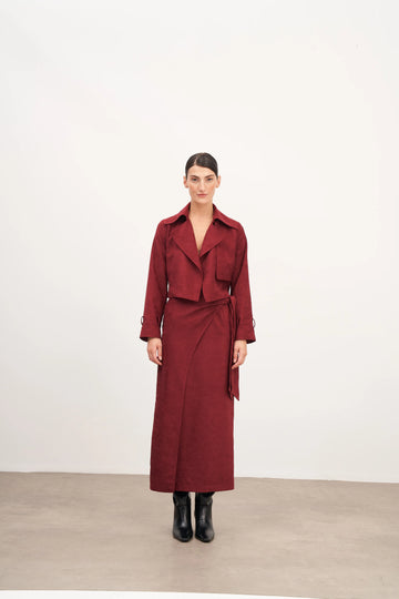 Bordo Süet Bağlama Detaylı Uzun Etek