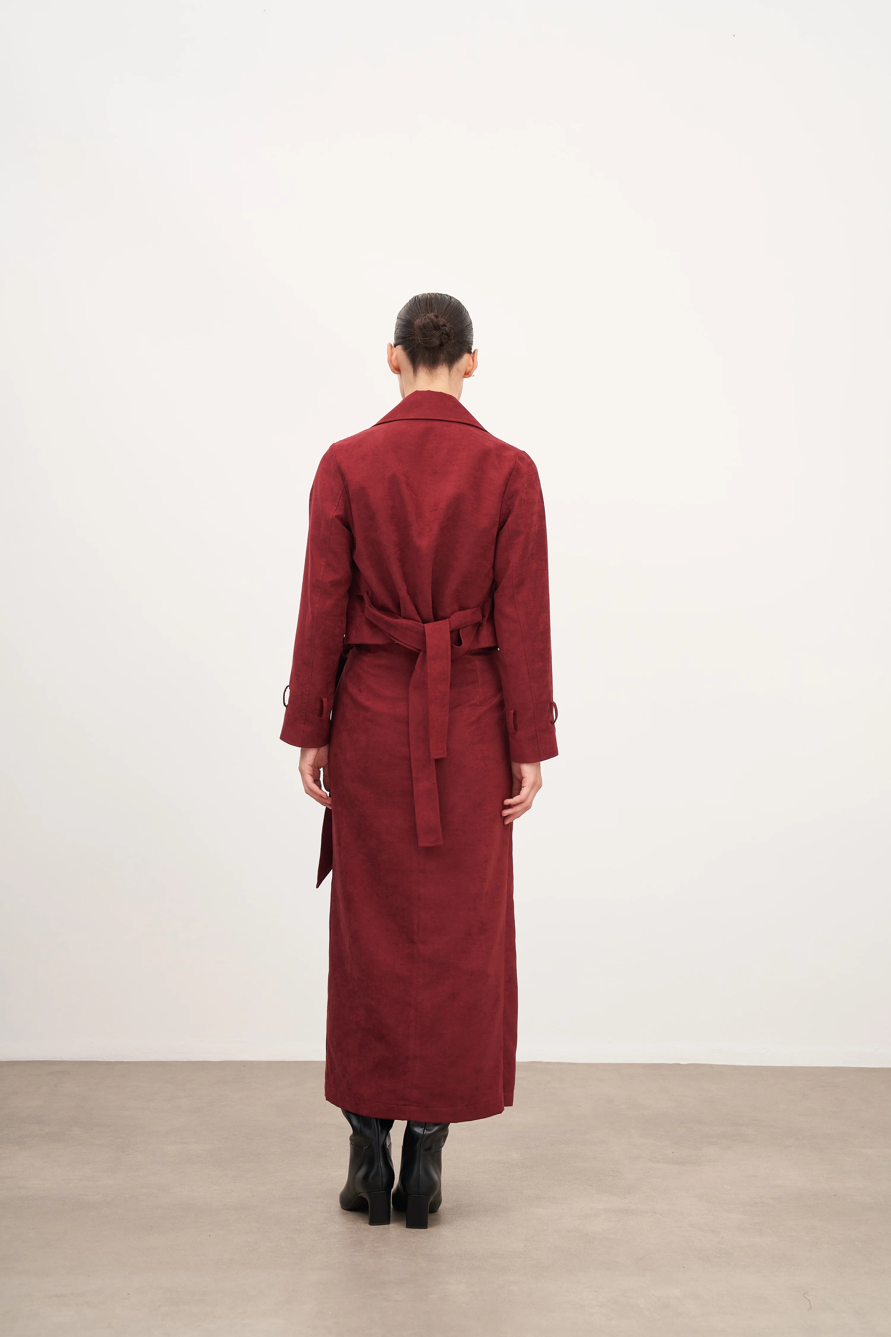 Bordo Süet Bağlama Detaylı Uzun Etek