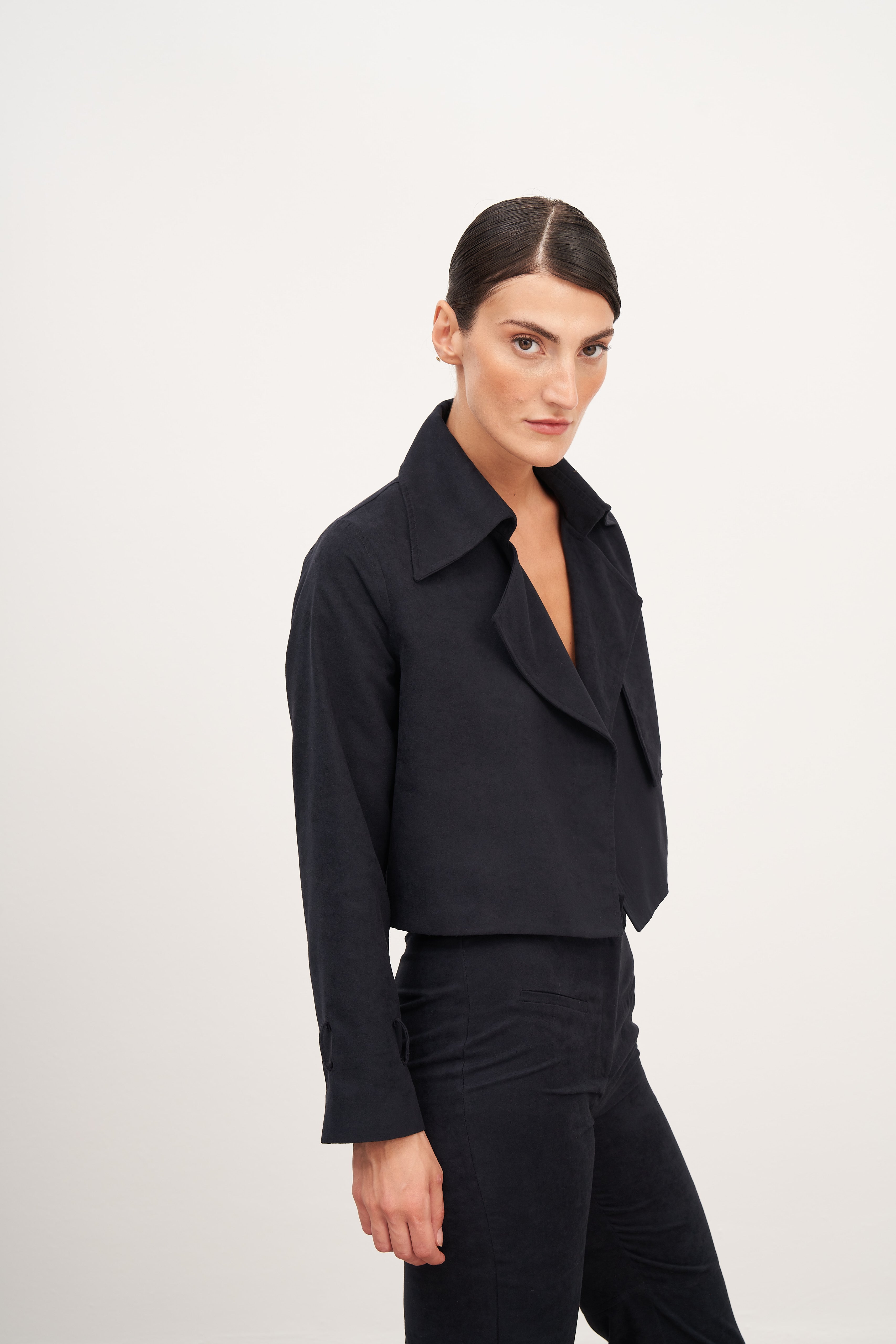 Lacivert Süet Kemerli Kısa Ceket