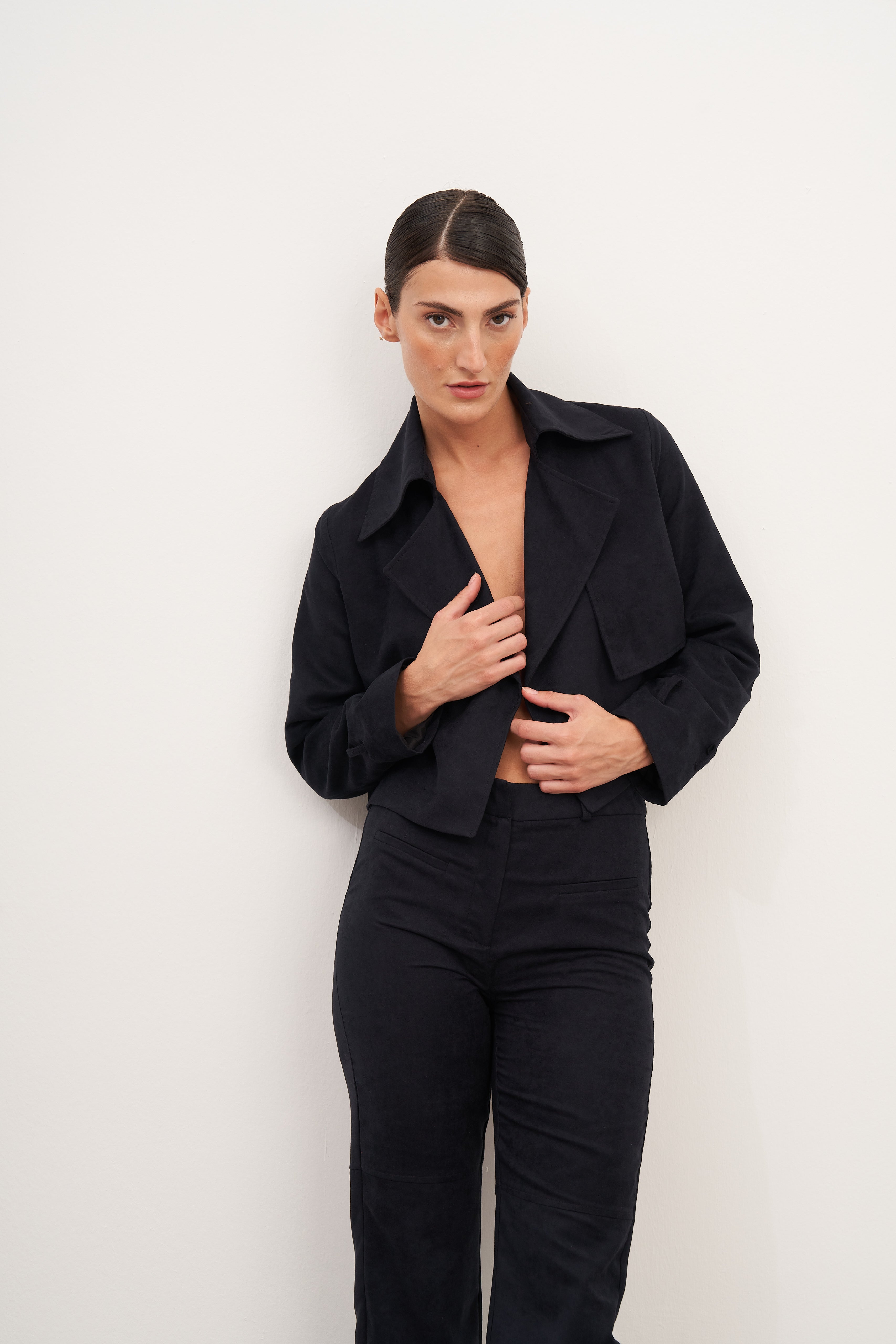 Lacivert Süet Kemerli Kısa Ceket