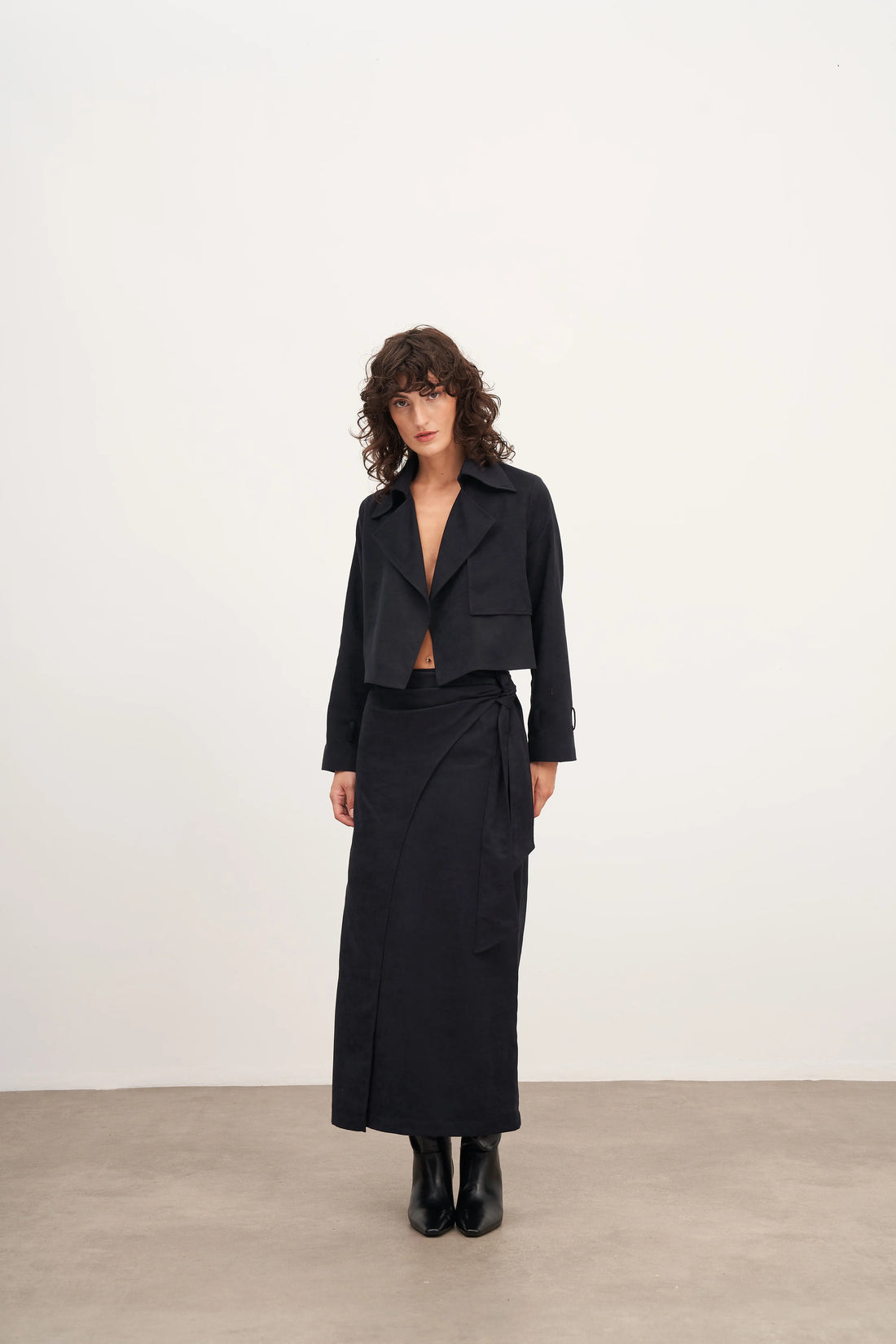 Lacivert Süet Bağlamalı Uzun Etek