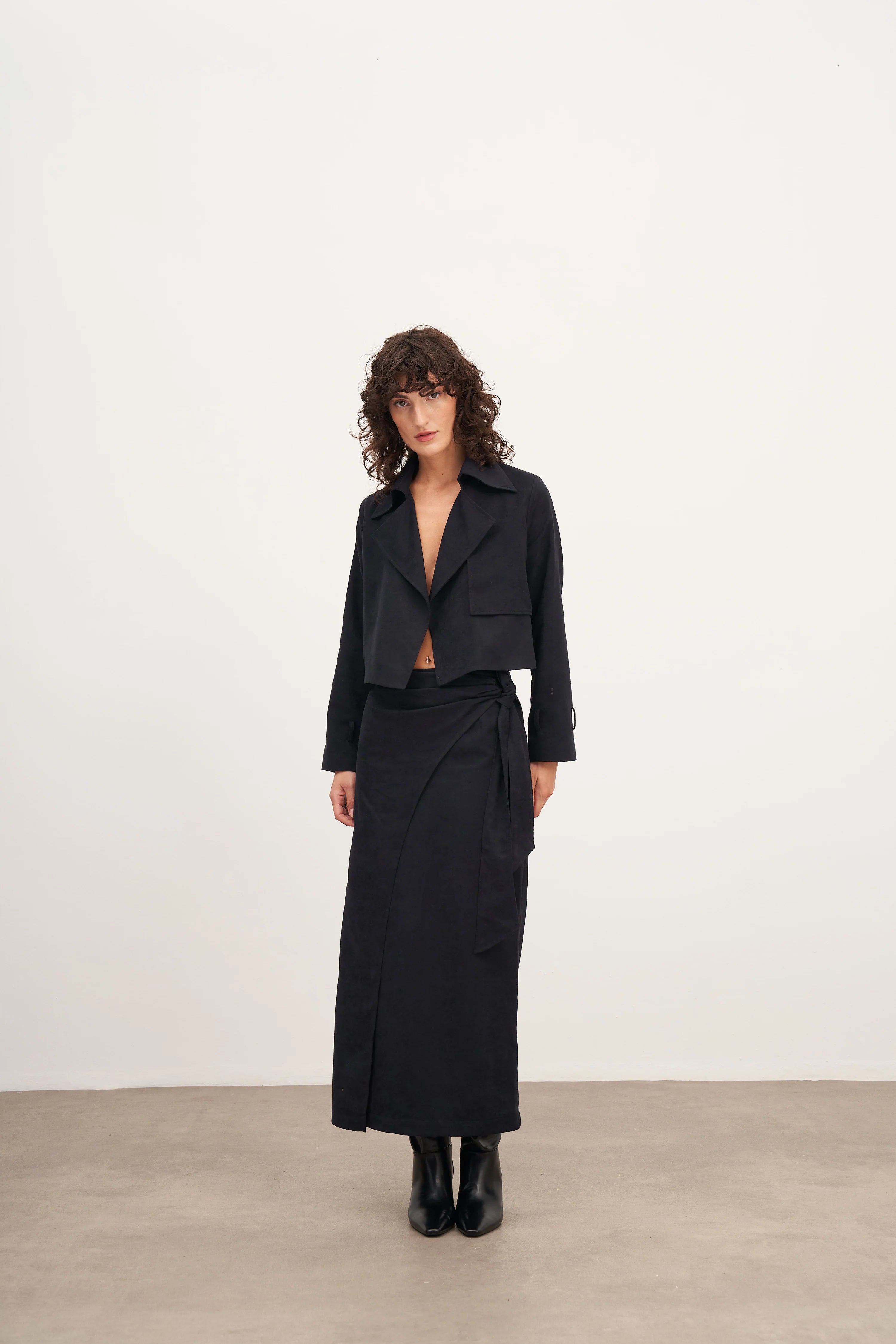 Lacivert Süet Bağlamalı Uzun Etek