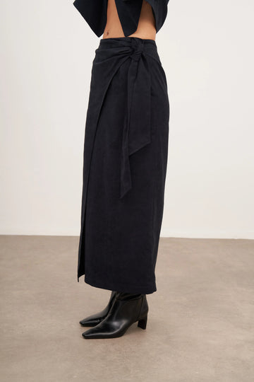 Lacivert Süet Bağlamalı Uzun Etek