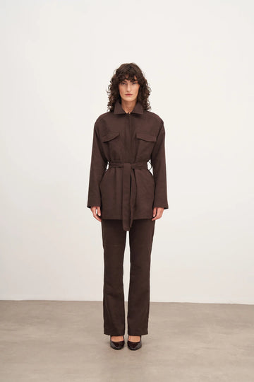 Acı Kahve Süet Kemerli ve Cep Detaylı Ceket