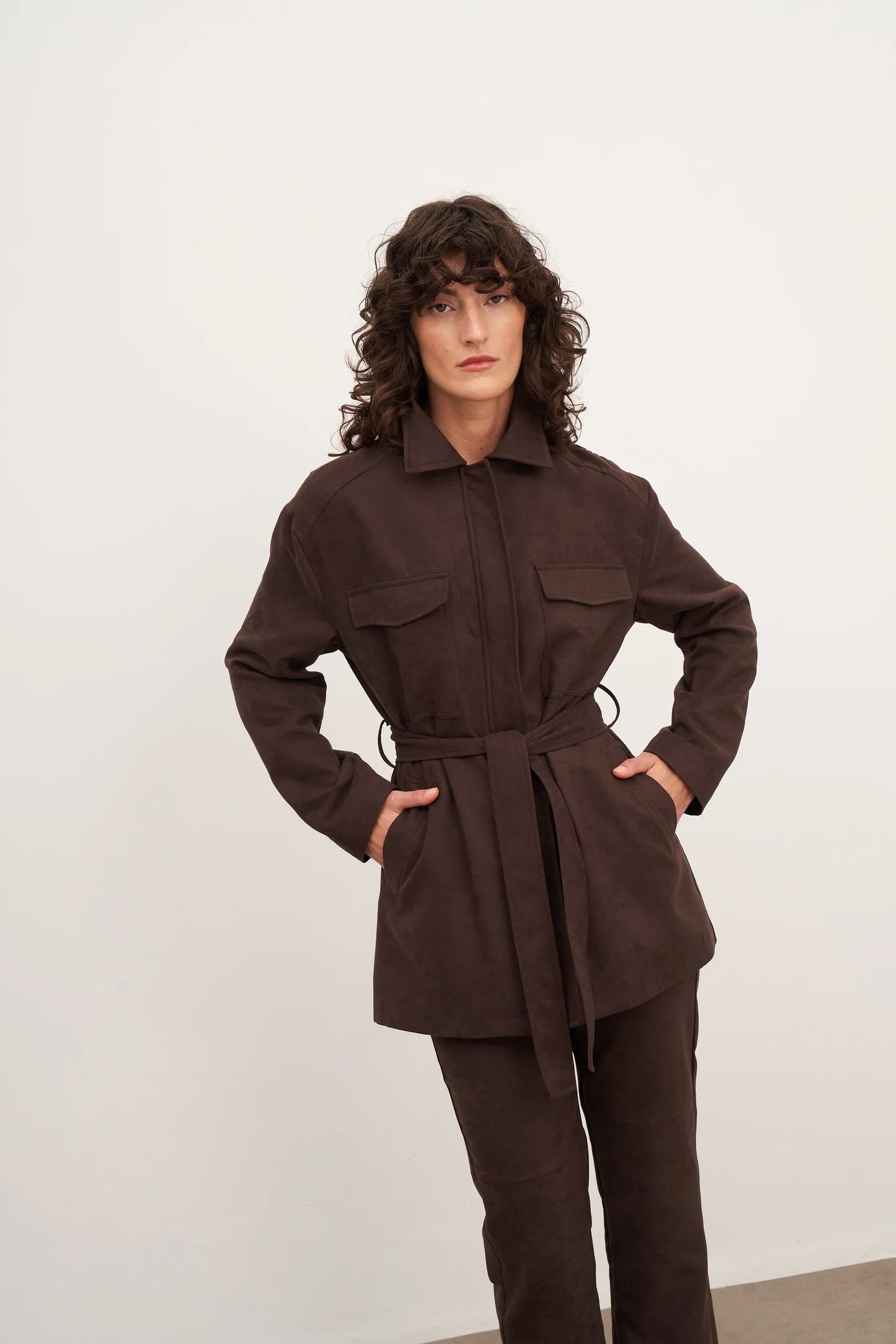 Acı Kahve Süet Kemerli ve Cep Detaylı Ceket