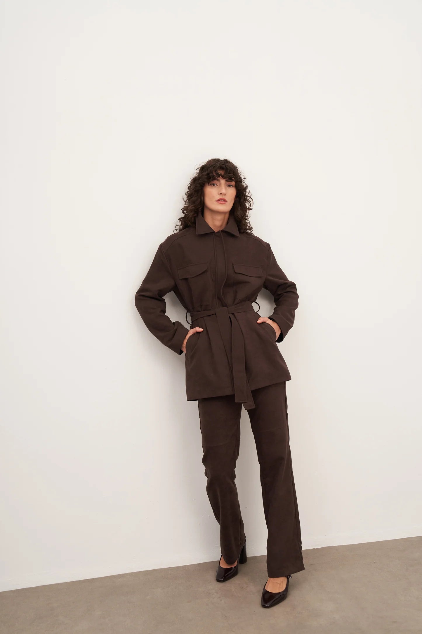 Acı Kahve Süet Kemerli ve Cep Detaylı Ceket