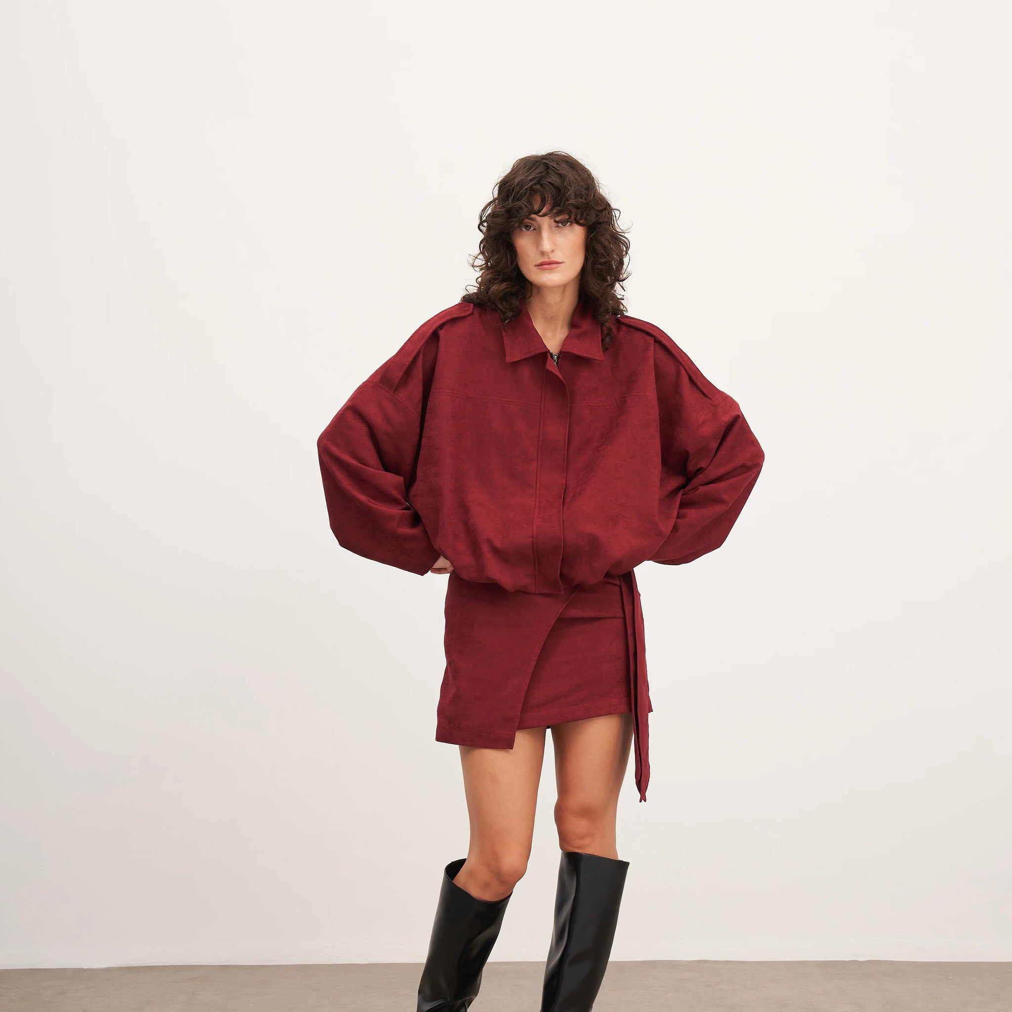 Bordo Süet Bağlamalı Mini Etek