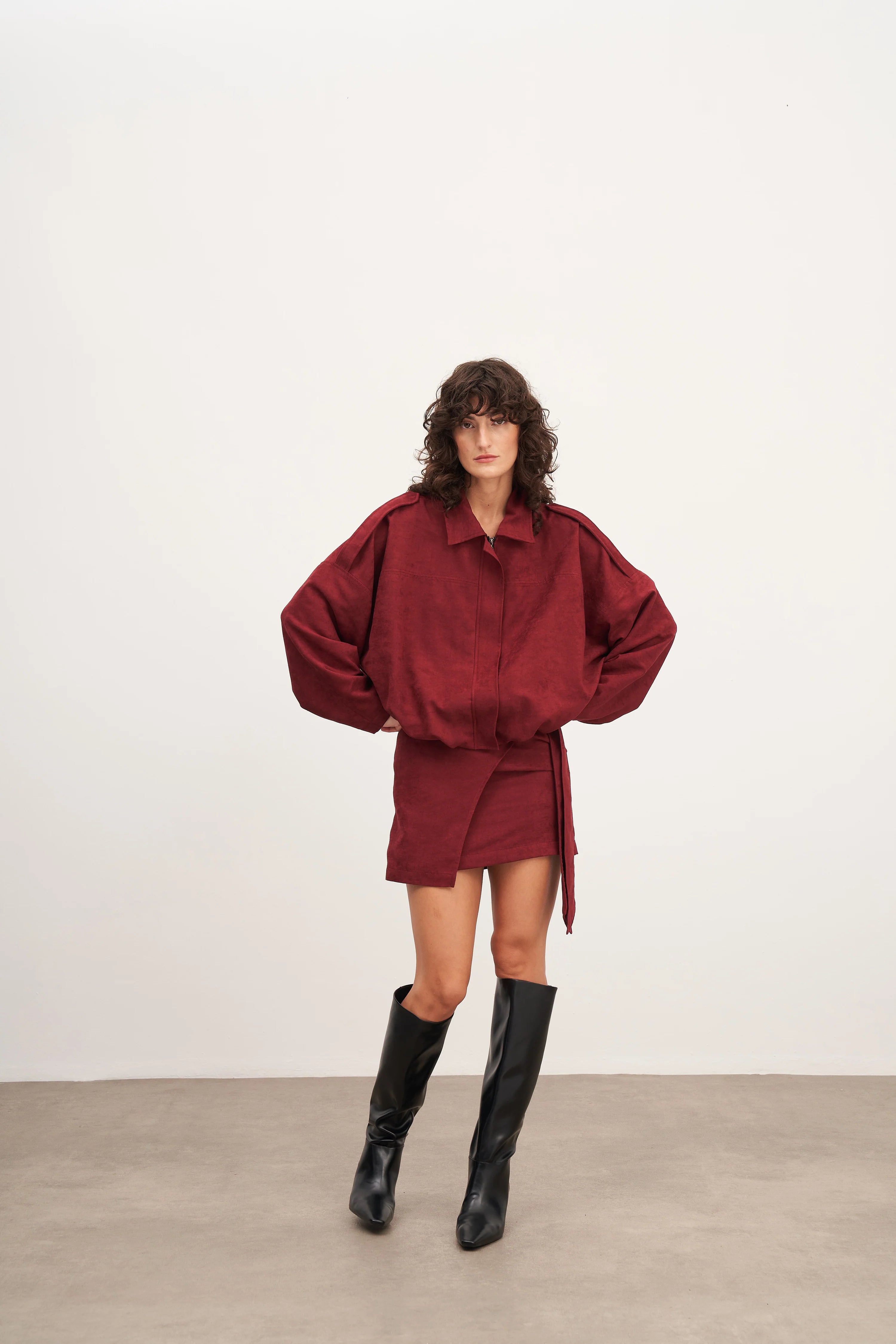 Bordo Süet Bağlamalı Mini Etek