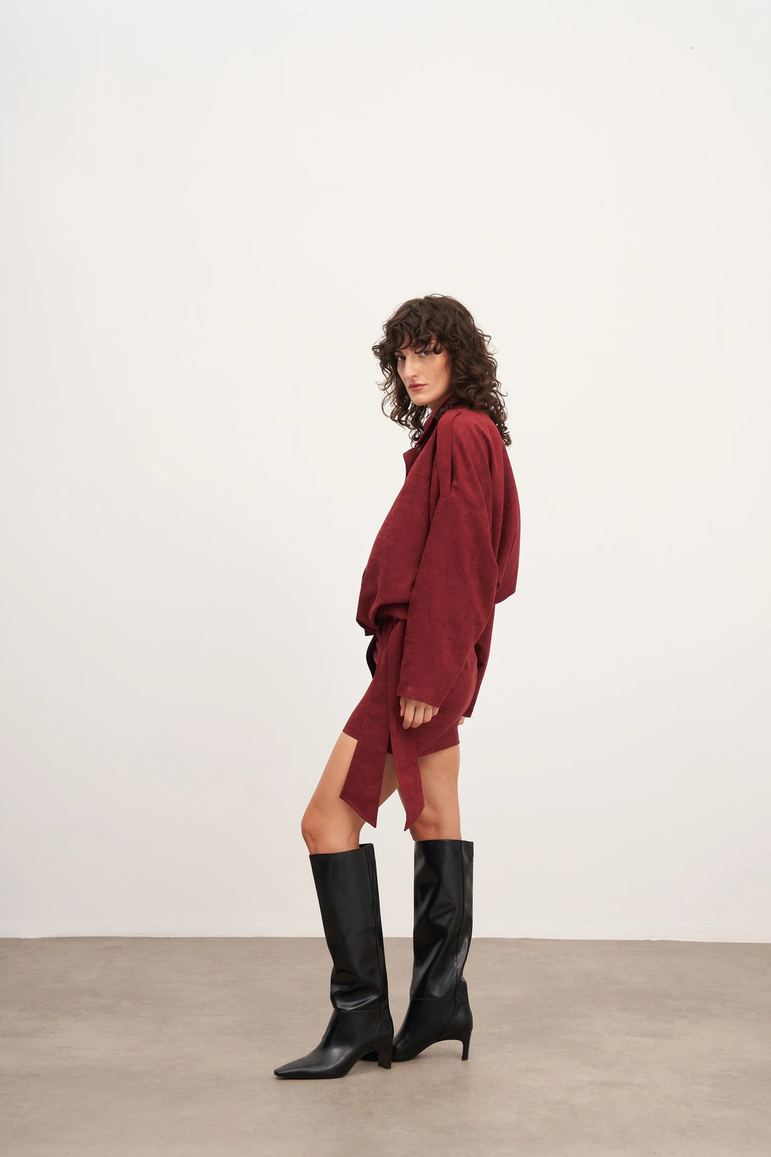 Bordo Süet Bağlamalı Mini Etek