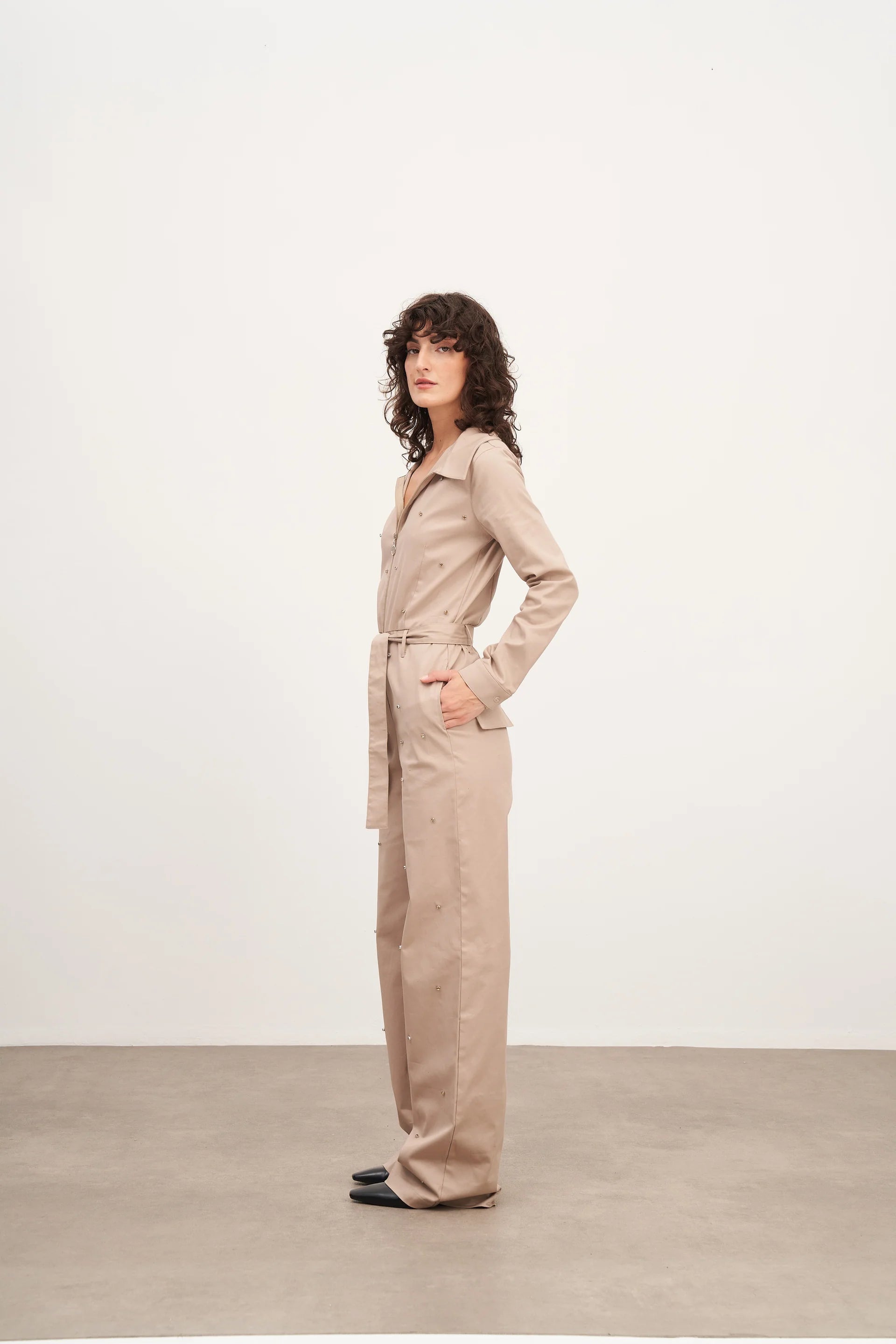 Fermuar ve Kuşak Detaylı Kanvas Tulum