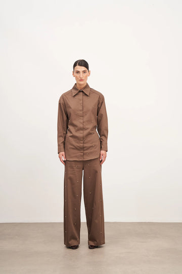 Kahverengi Taş İşlemeli Rahat Pantolon