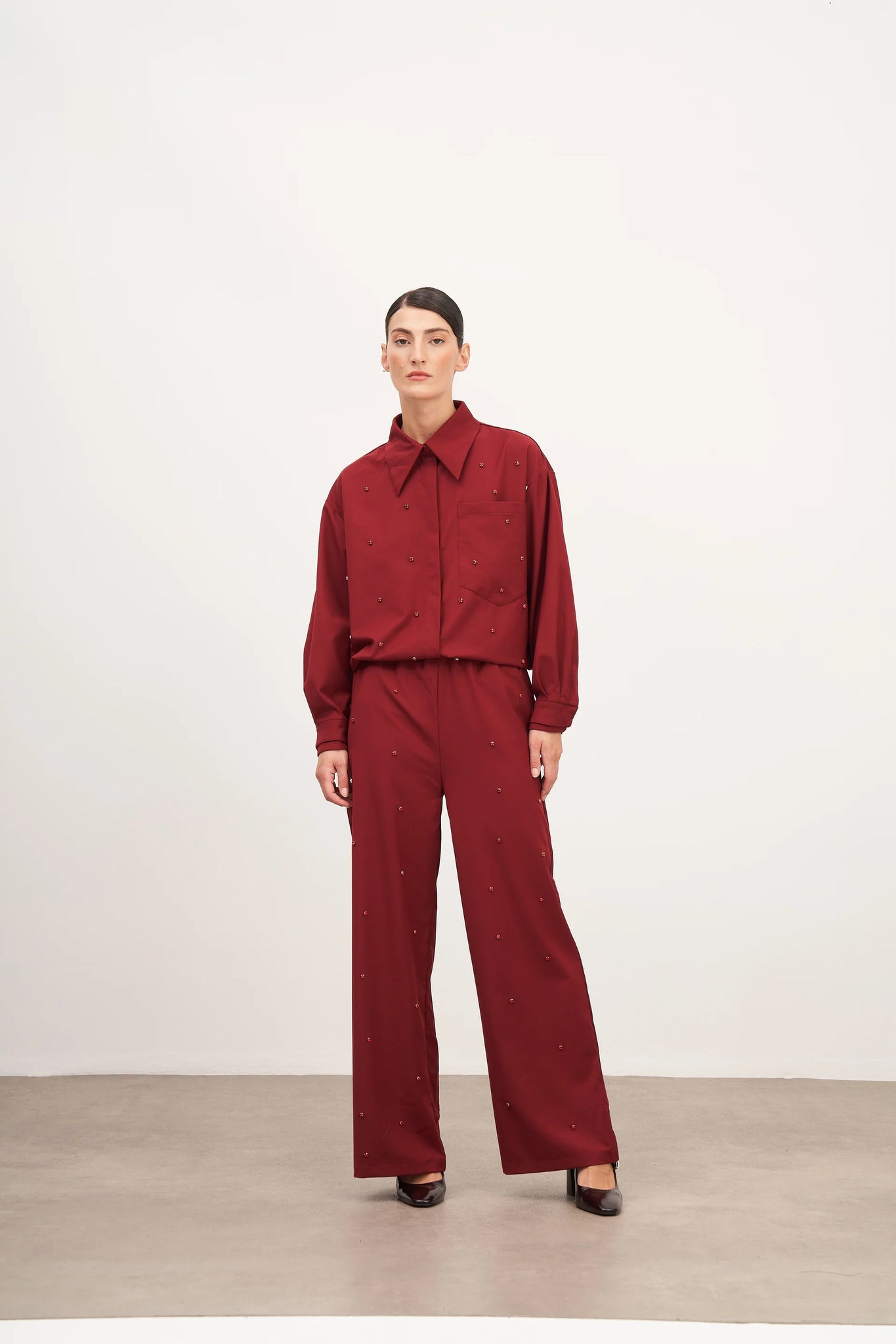 Kırmızı Taş İşlemeli Oversized Gömlek