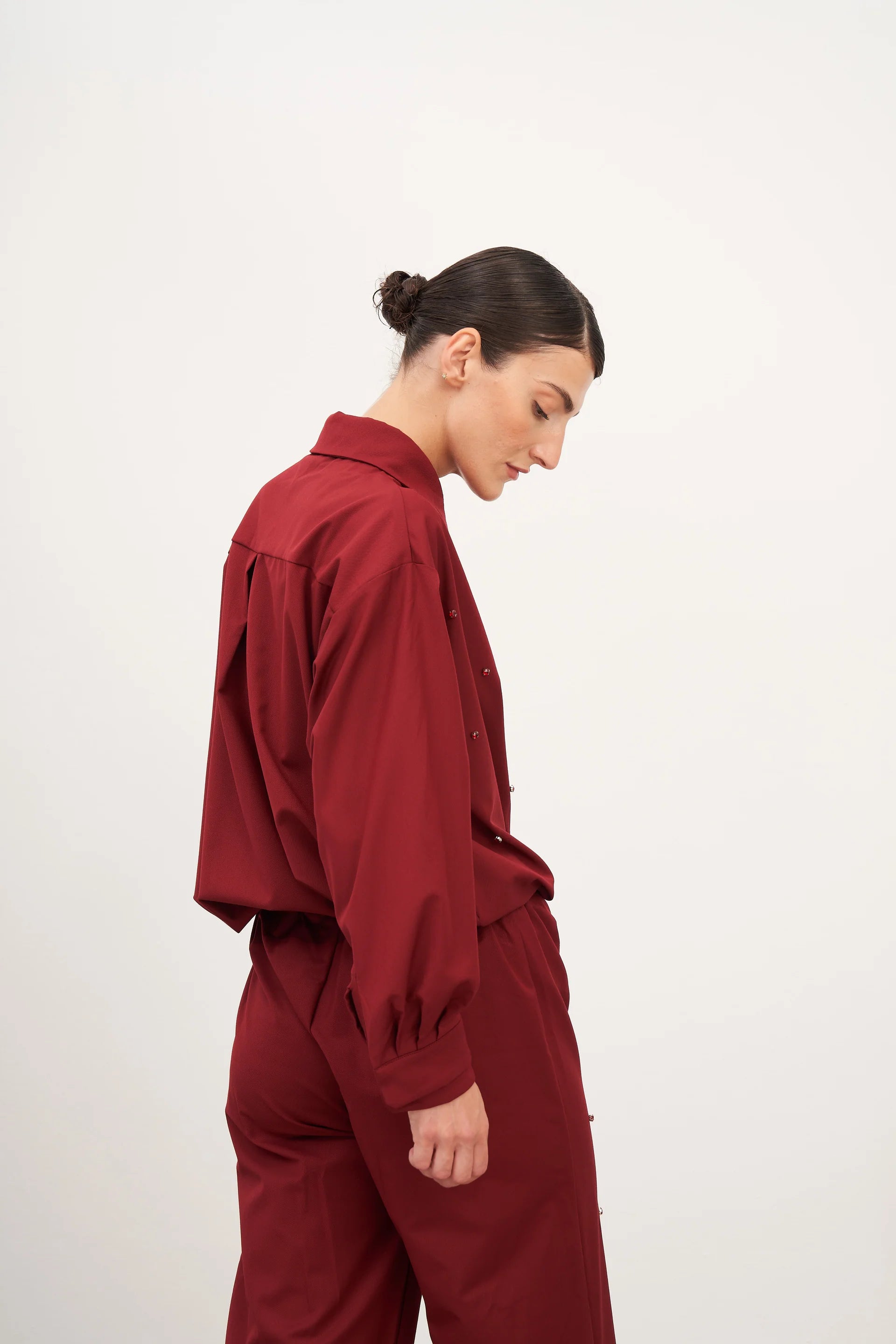 Kırmızı Taş İşlemeli Oversized Gömlek