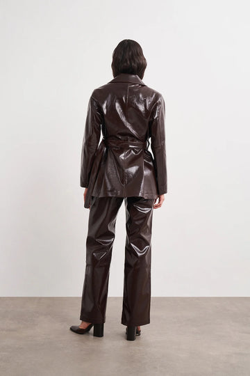 Acı Kahve Kemerli Cep Detaylı Damarlı Deri Ceket