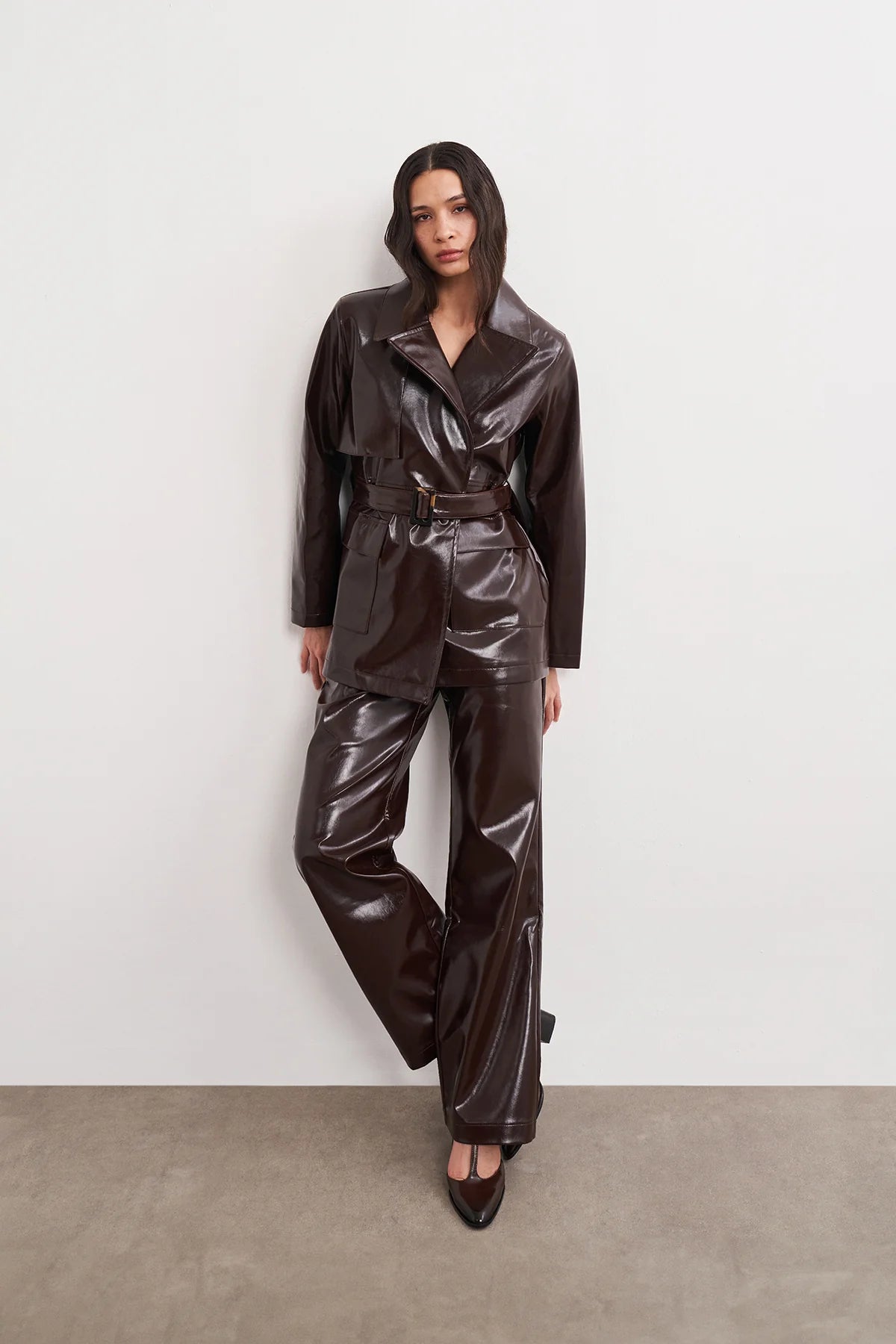 Acı Kahve Kemerli Cep Detaylı Damarlı Deri Ceket